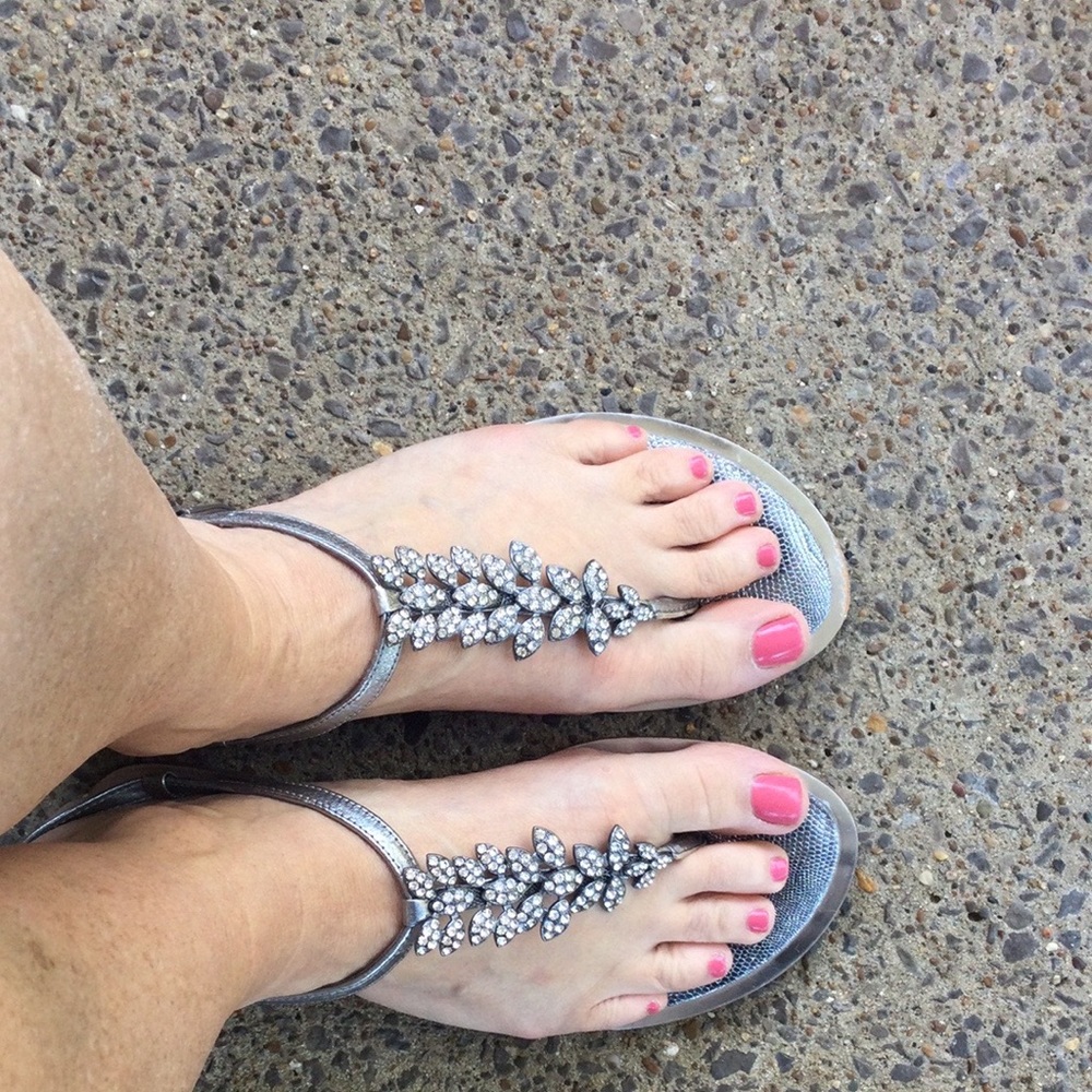 Alex Marie silver sandals with rhinestones.